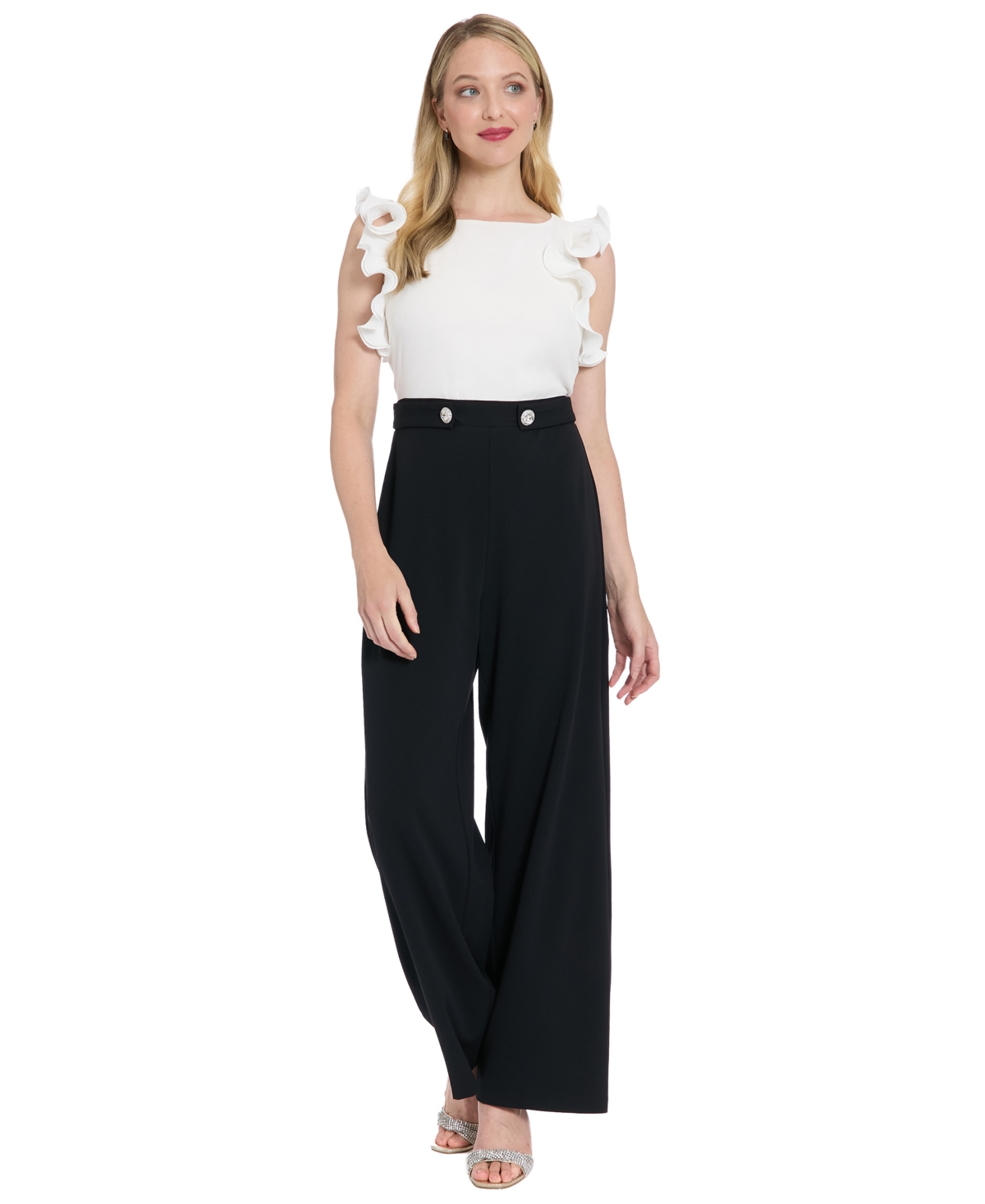 London Times Women's Pleated Ruffle Sleeve Mixed Media Jumpsuit