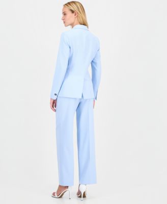 Anne Klein Womens Notch Collar One Button Jacket Printed Boat Neck Short Sleeve Top High Rise Wide Leg Pants In Blue