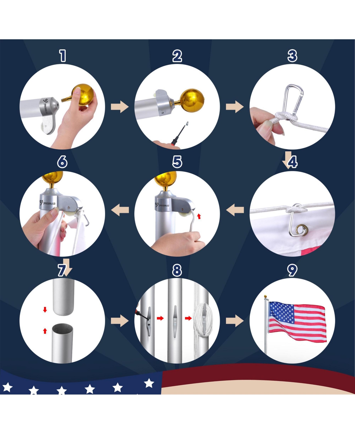 Yescom Bravery 30ft 13 Gauge Sectional Flag Pole Kit Aluminum for Outside House