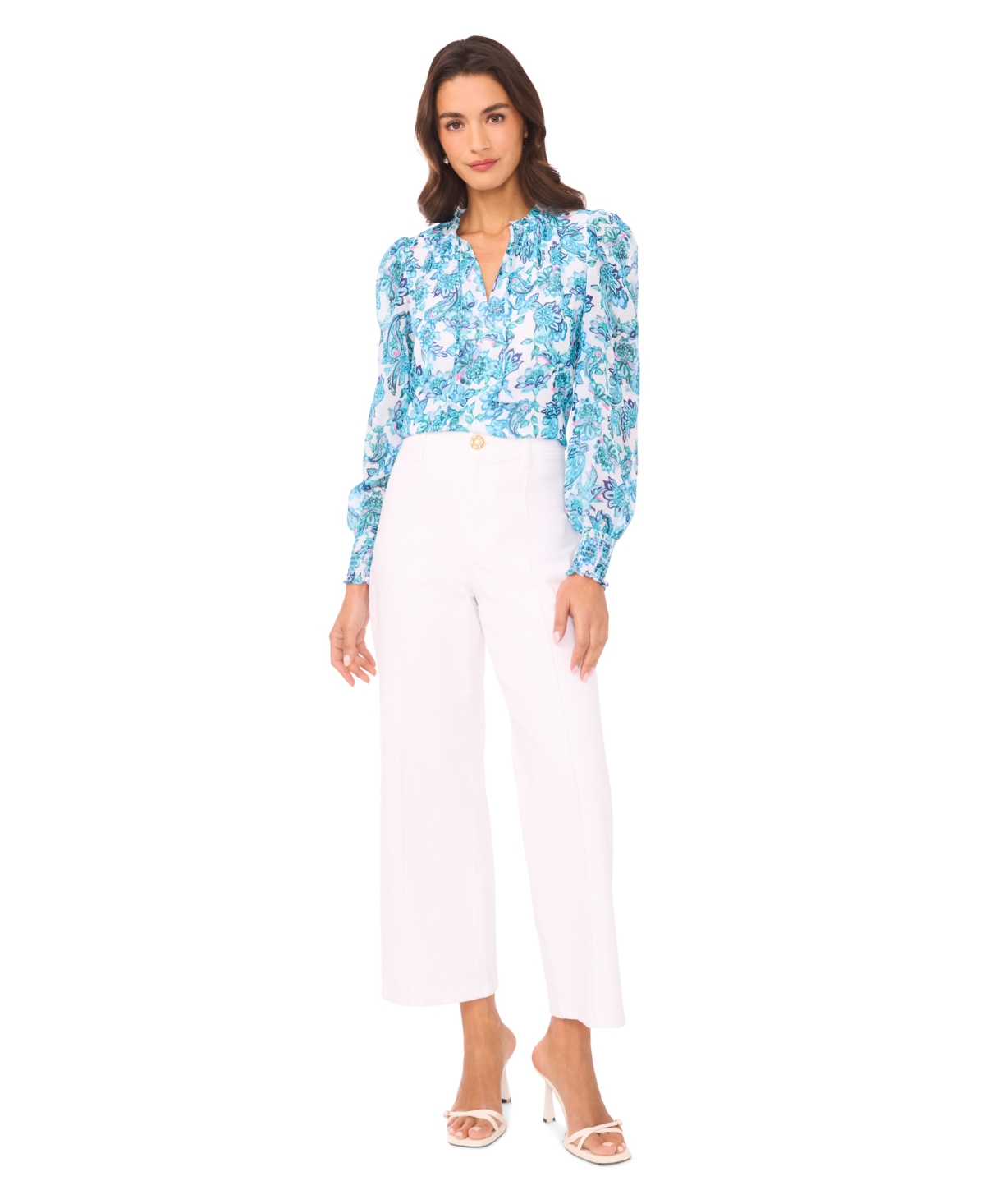 CeCe Women's Smocked Cuff Ruffle Long-Sleeve Blouse