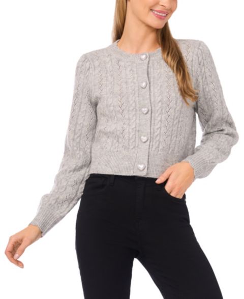 Женский кардиган CeCe Crewneck Heart-Button Pointelle Cardigan, цвет: Светлый меланжевый серый