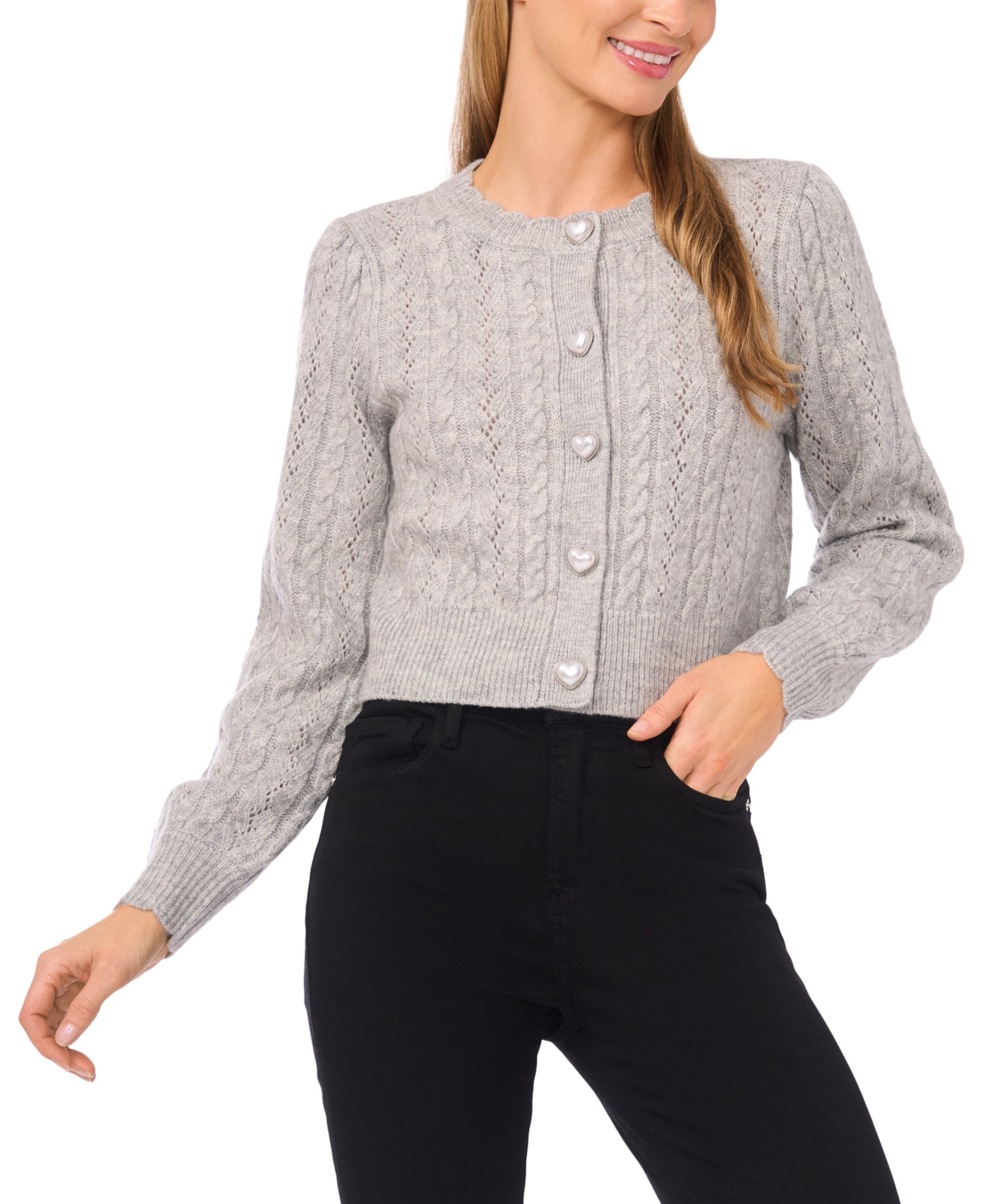 Cece Women's Crewneck Heart Button Pointelle Cardigan Sweater In Gray