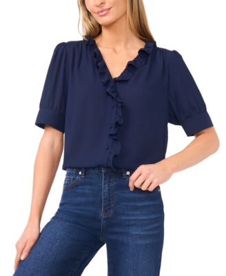 Women's Puff Short-Sleeve Button Down Ruffle Top