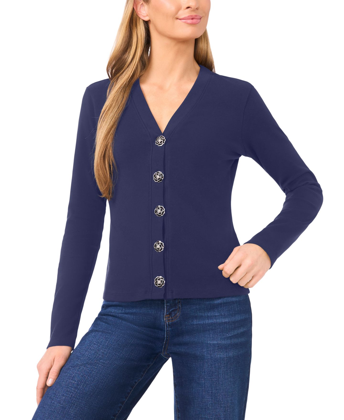 Женский кардиган CeCe Long-Sleeve V-Neck Cardigan, цвет: Тёмно-синий — фото 1