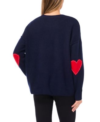 Women's Valentine's Crewneck Heart Elbow Patch Long-Sleeve Sweater