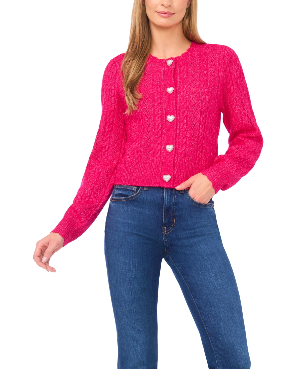 Cece Women's Crewneck Heart Button Pointelle Cardigan Sweater In Pink