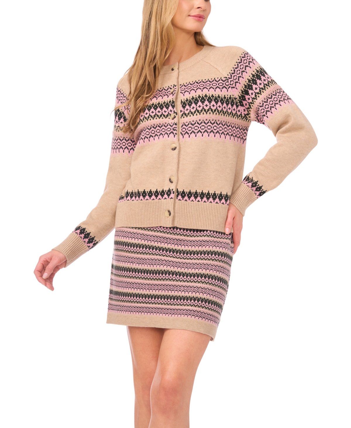CeCe Women's Crewneck Fair Isle Long-Sleeve Cardigan Sweater