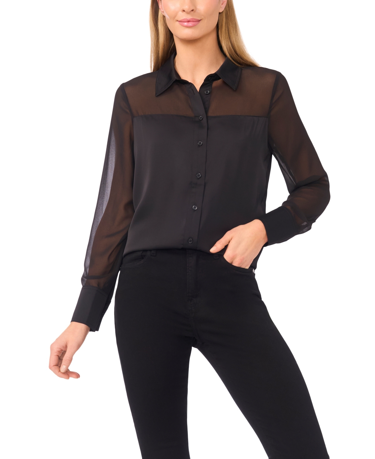 CeCe Women's Sheer Combo Button Down Long-Sleeve Top