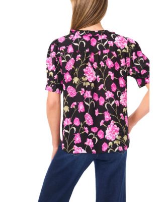 Women's Puff Short-Sleeve Button Down Ruffle Top