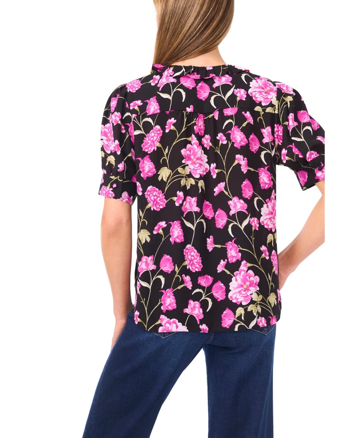 CeCe Women's Puff Short-Sleeve Button Down Ruffle Top