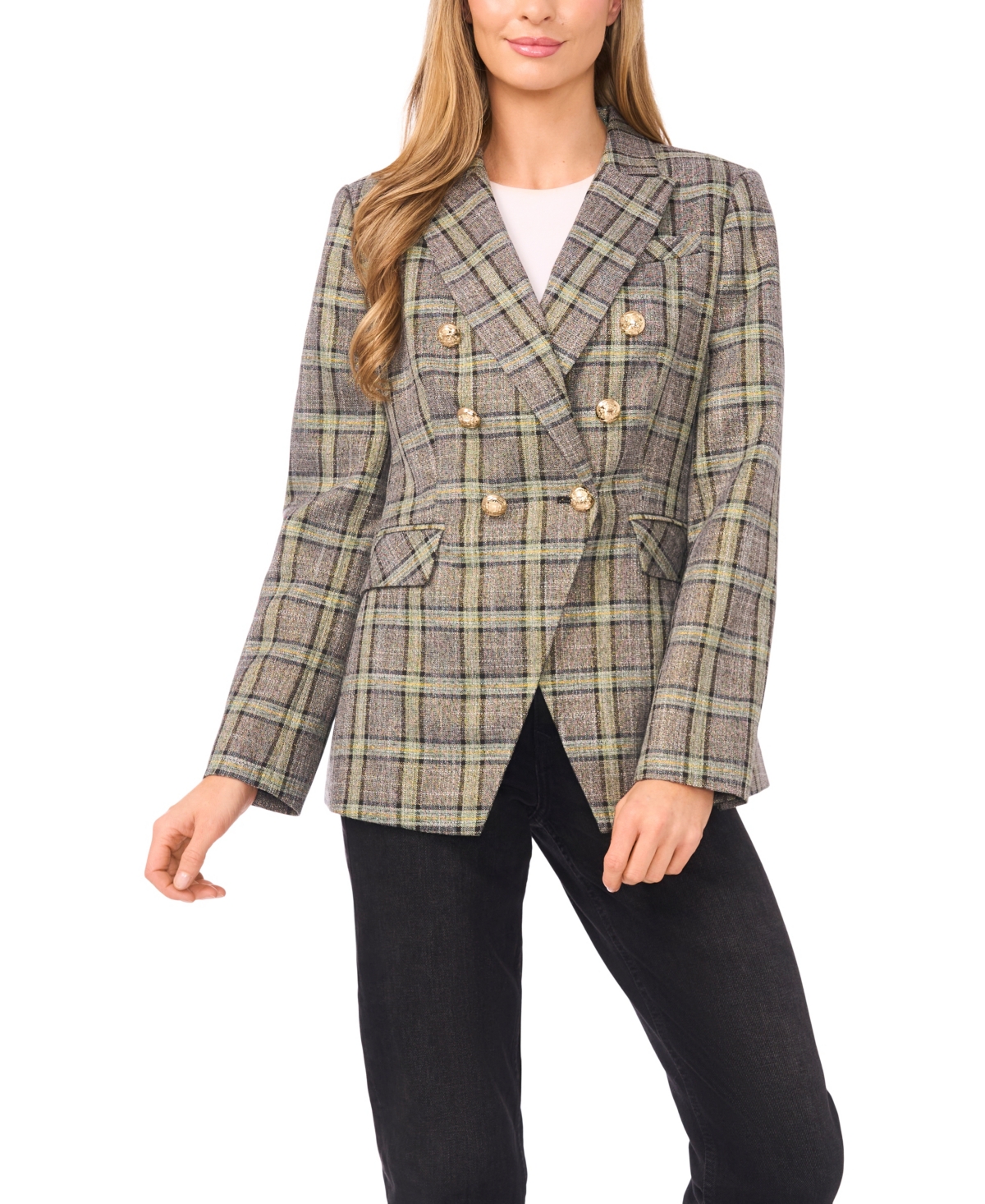 CeCe Women's Button Front Double-Breasted Plaid Blazer