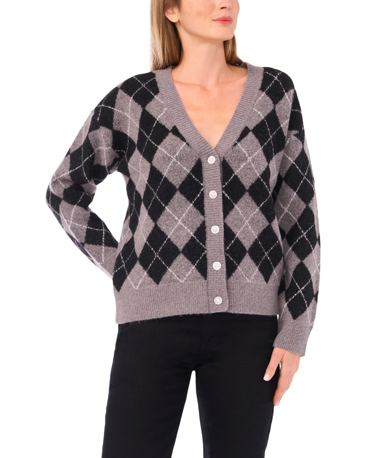 CeCe Women's Long-Sleeve Argyle Cardigan Sweater