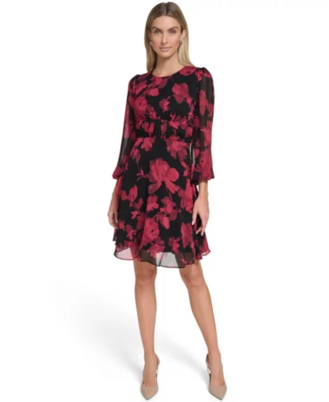 Petite Printed Long-Sleeve A-Line Dress - Black Red