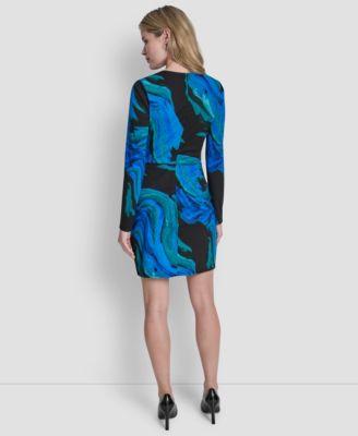 Women's Long Sleeve Jewel Neck Ruched Skirt Dress