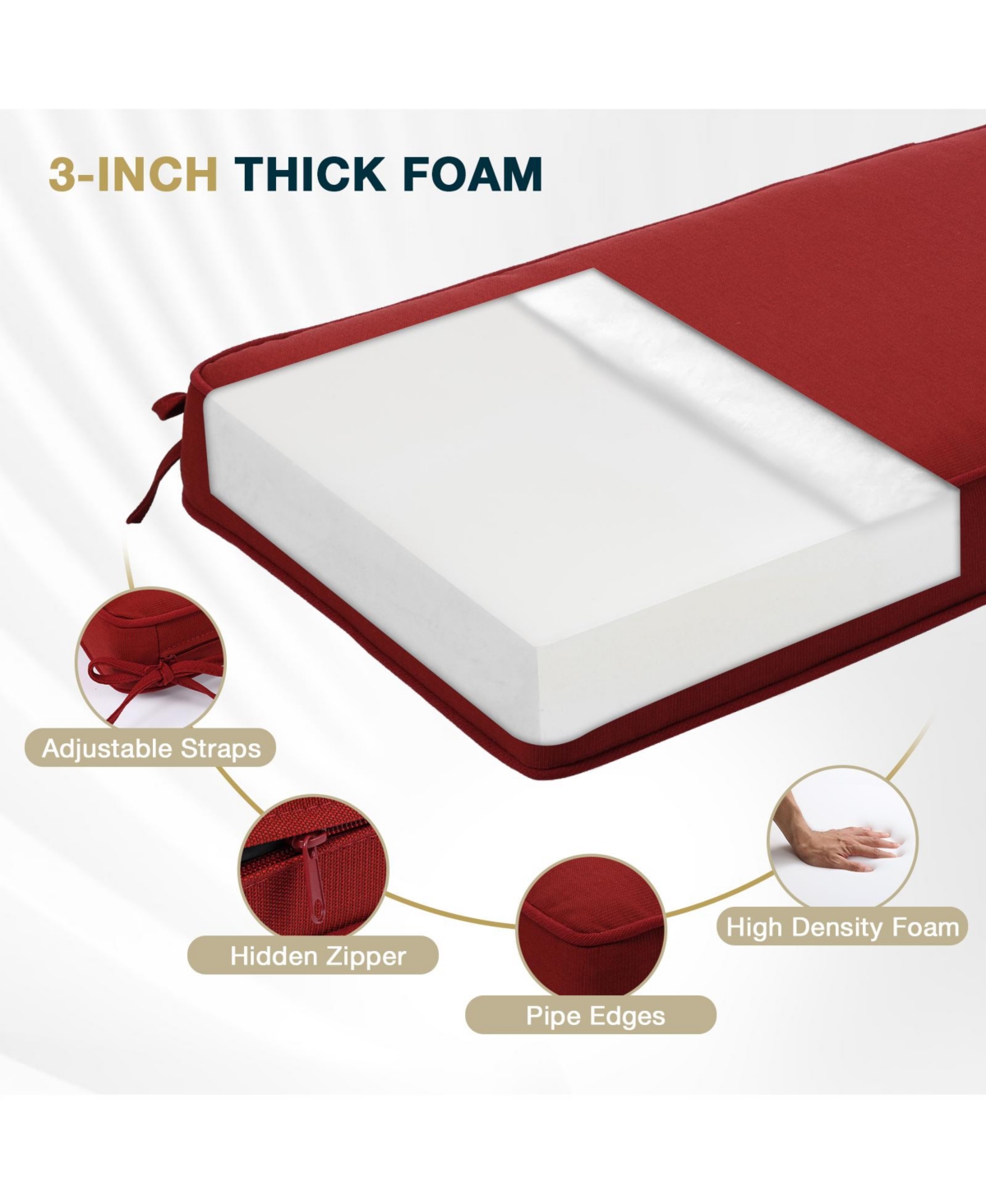 Aoodor Patio Bench Cushion Outdoor Olefin Fabric Slipcover Sponge Foam 46.5” x 17.7” x 3”- Red