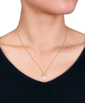 Cultured Freshwater Pearl (9-10mm) & White Sapphire Bow Pendant Necklace (1/10 ct. t.w.) in 18k Gold Flash Plated Sterling Silver