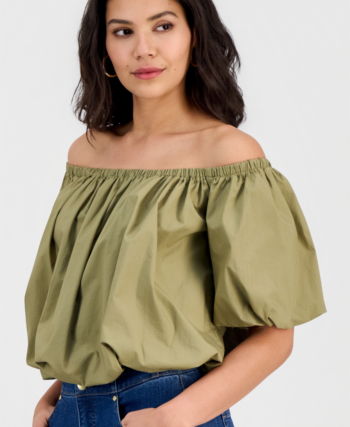 I.n.c. International Concepts Women's Cotton Off-The-Shoulder Bubble-Hem Blouse, Macy's Exclusive