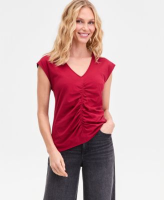 Women's Cap Sleeve Ruched Cotton V-Neck T-Shirt, Macy's Exclusive