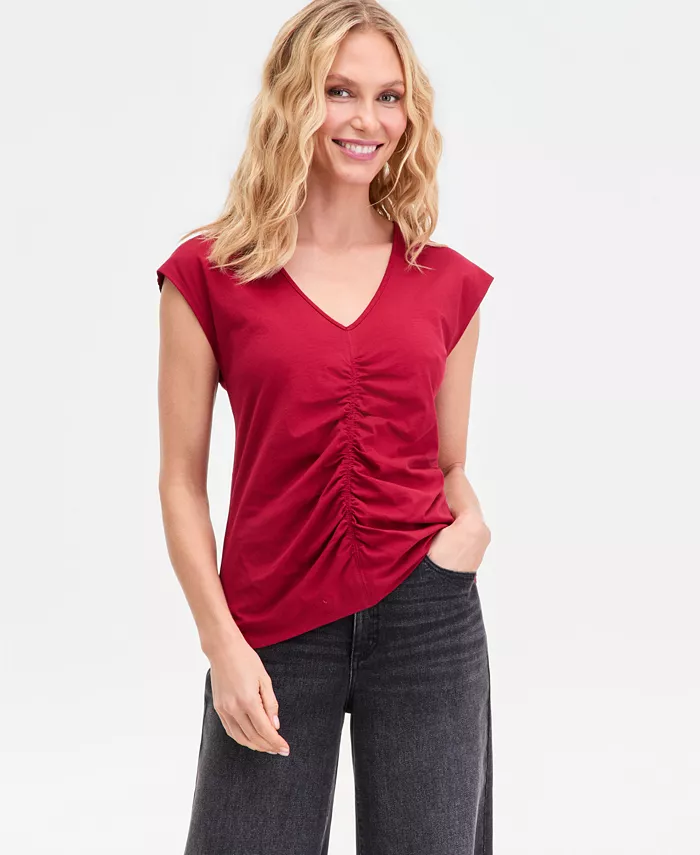 Women's Cap Sleeve Ruched Cotton V-Neck T-Shirt