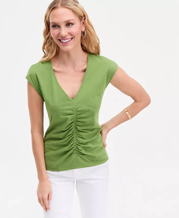 Women's Cap Sleeve Ruched Cotton V-Neck T-Shirt - thumbnail 7