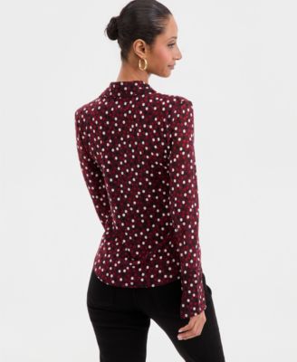 Women's Long-Sleeve Printed Mesh Collared Top