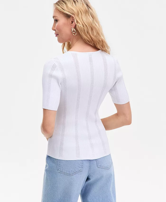 Women's Short-Sleeve V-Neck Pointelle Rib Knit Sweater - thumbnail 6