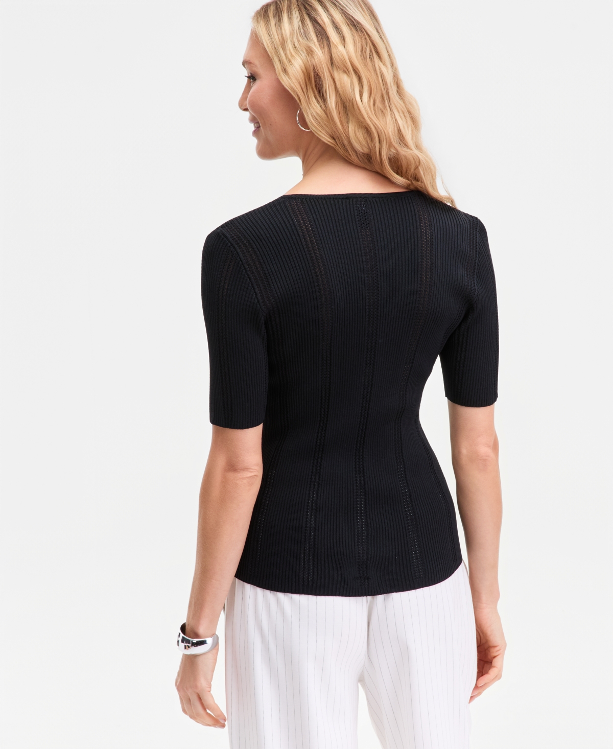 Inc International Concepts Women's V-neck Short Sleeve Ribbed Knit Sweater, Macy's Exclusive In Black