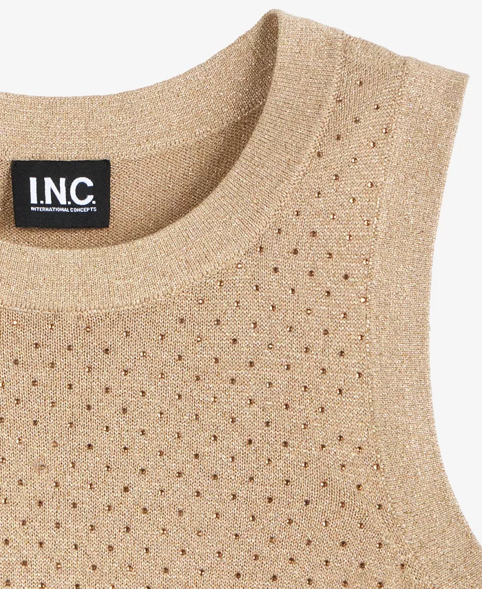 Women's Sleeveless Crystal Embellished Metallic Sweater - thumbnail 5