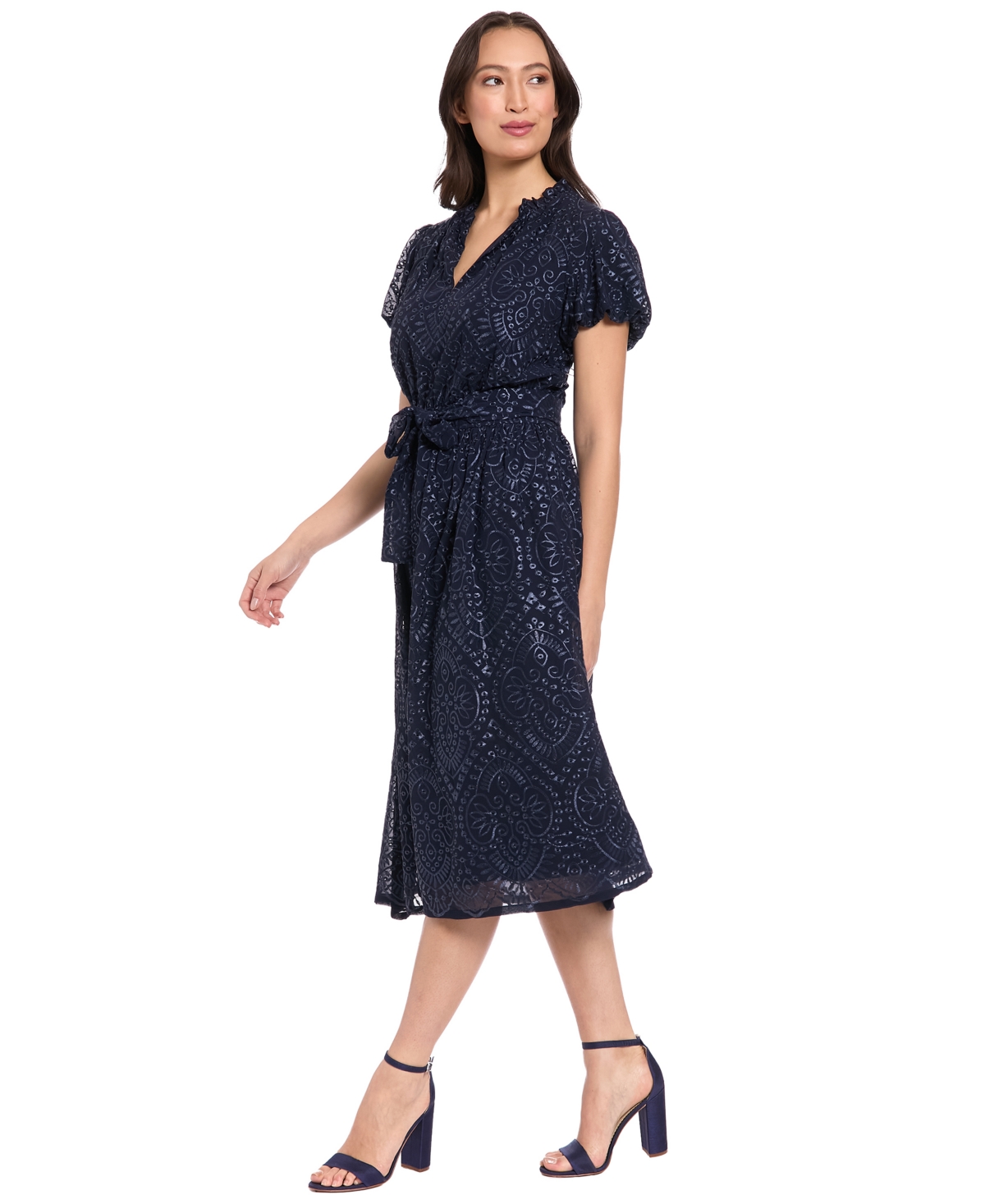 London Times Women's Bubble Sleeve Elastic Waist Midi Dress