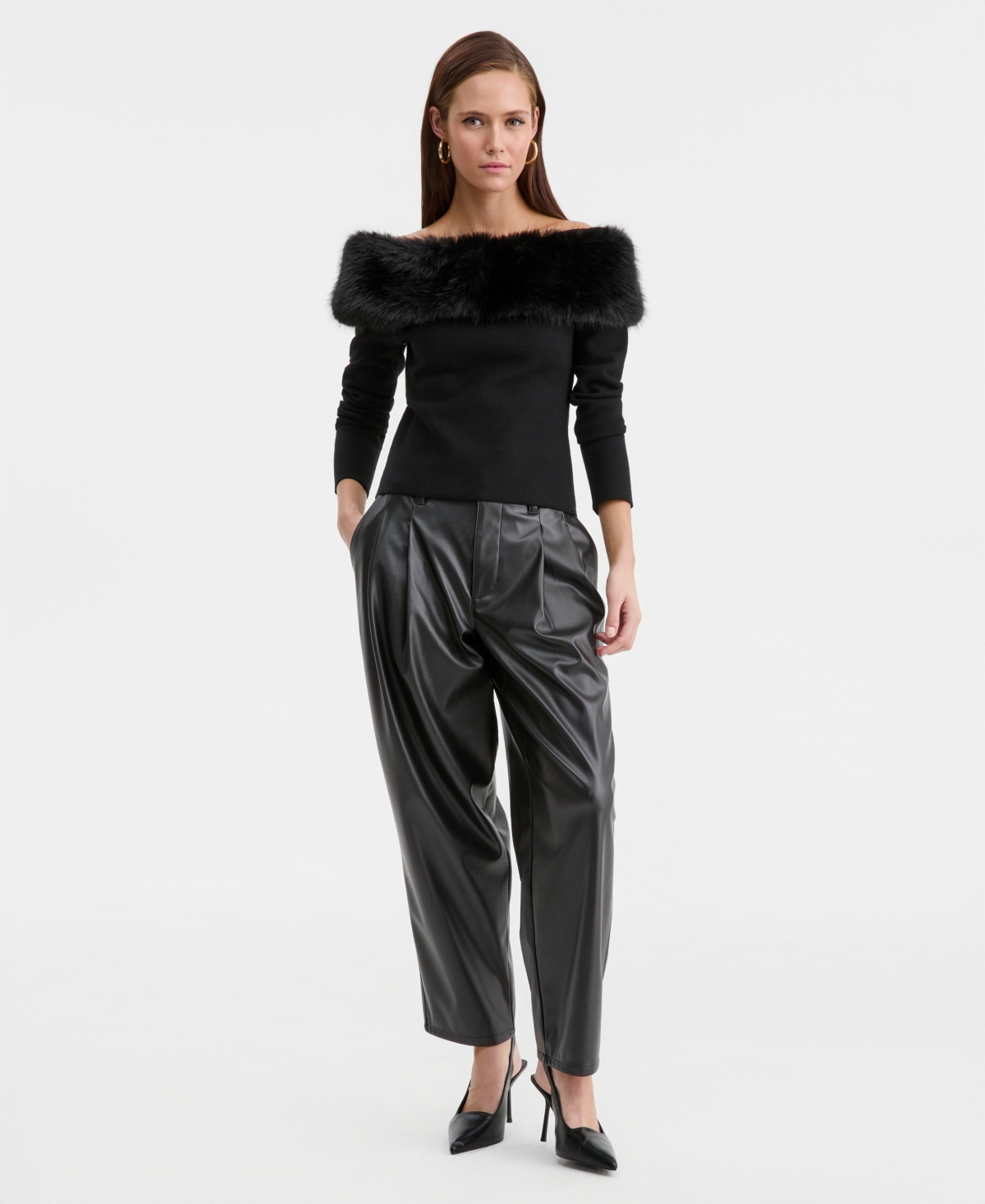 Bar Iii Women's Off-the-shoulder Faux-fur-trim Top, Macy's Exclusive In Black