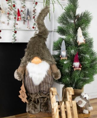 33" Large Woodland Gnome with Striped Pants Holding Christmas Tree