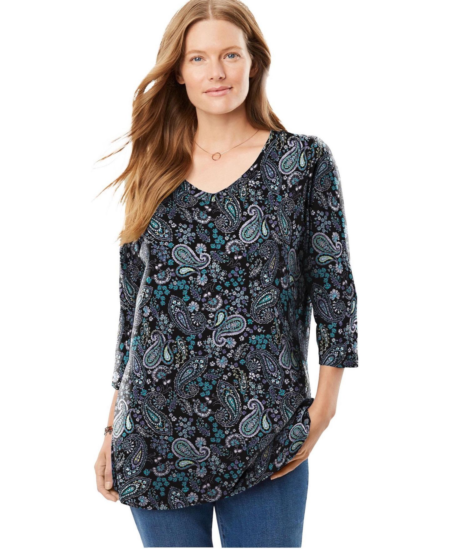 Женская футболка Woman Within Within Perfect Printed Three-Quarter Sleeve V-Neck, цвет: Чёрный — фото 1
