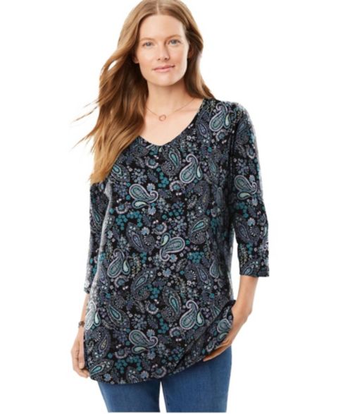 Женская футболка Woman Within Within Perfect Printed Three-Quarter Sleeve V-Neck, цвет: Чёрный