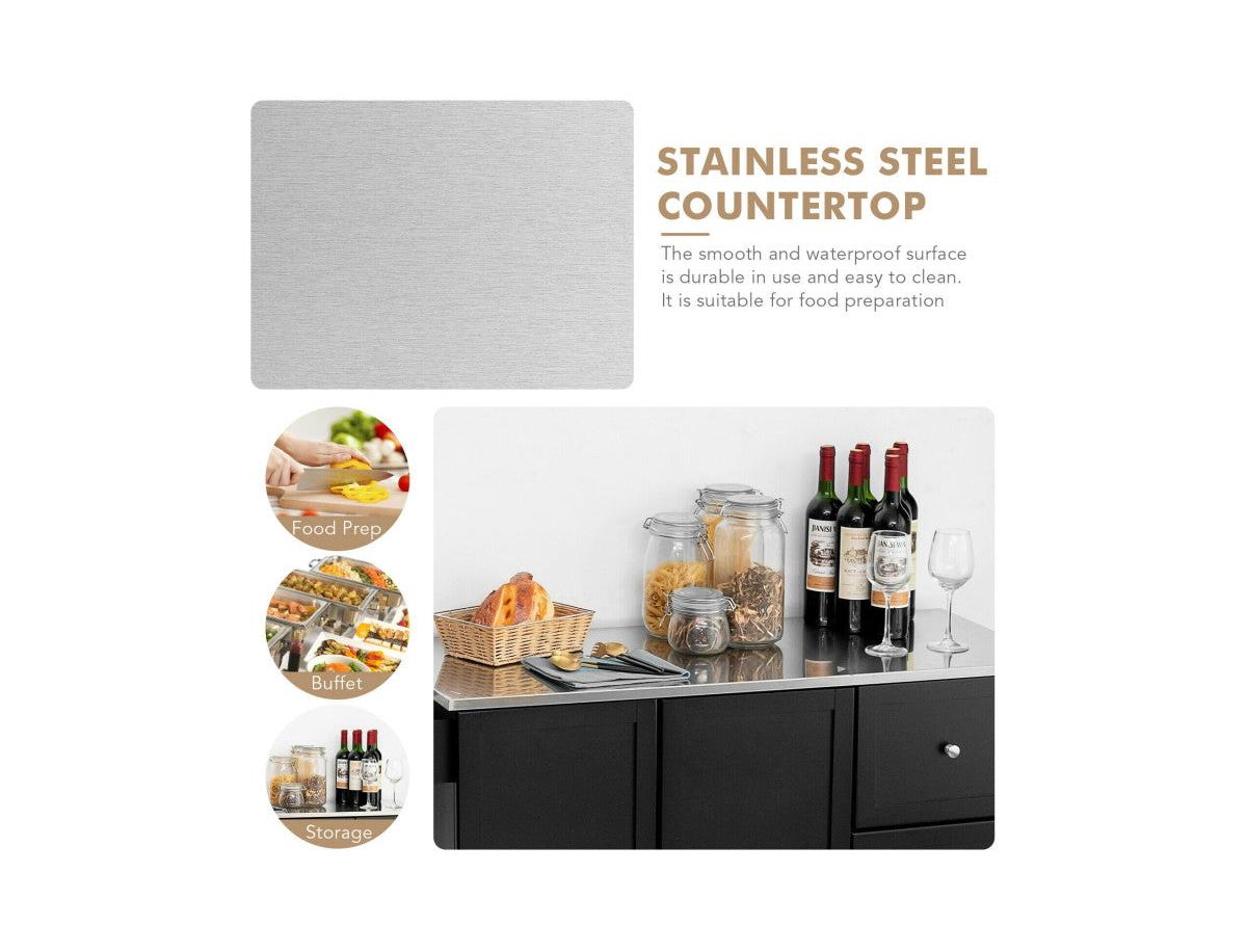 Kitchen Island 2-Door Storage Cabinet with Drawers and Stainless Steel Top