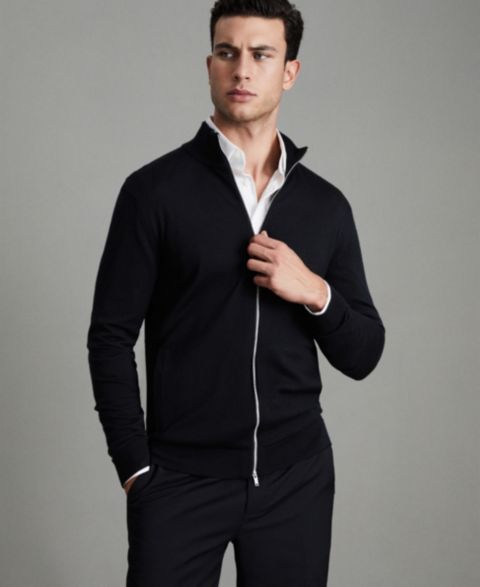 Мужской кардиган REISS Hampshire Merino Wool Funnel-Neck, цвет: Чёрный