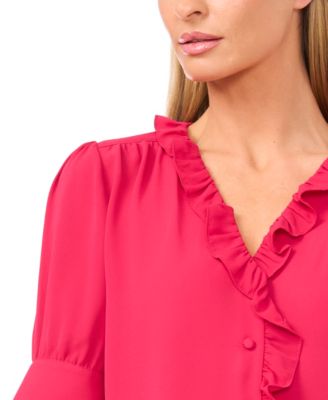 Women's Puff Short-Sleeve Button Down Ruffle Top