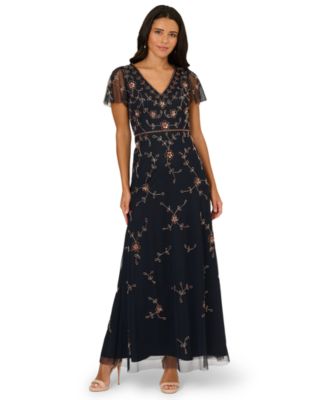 beaded blue bridesmaid dresses Blue Unique Beaded Satin Dress With Lace-Up Back And Leg Slit main image 0
