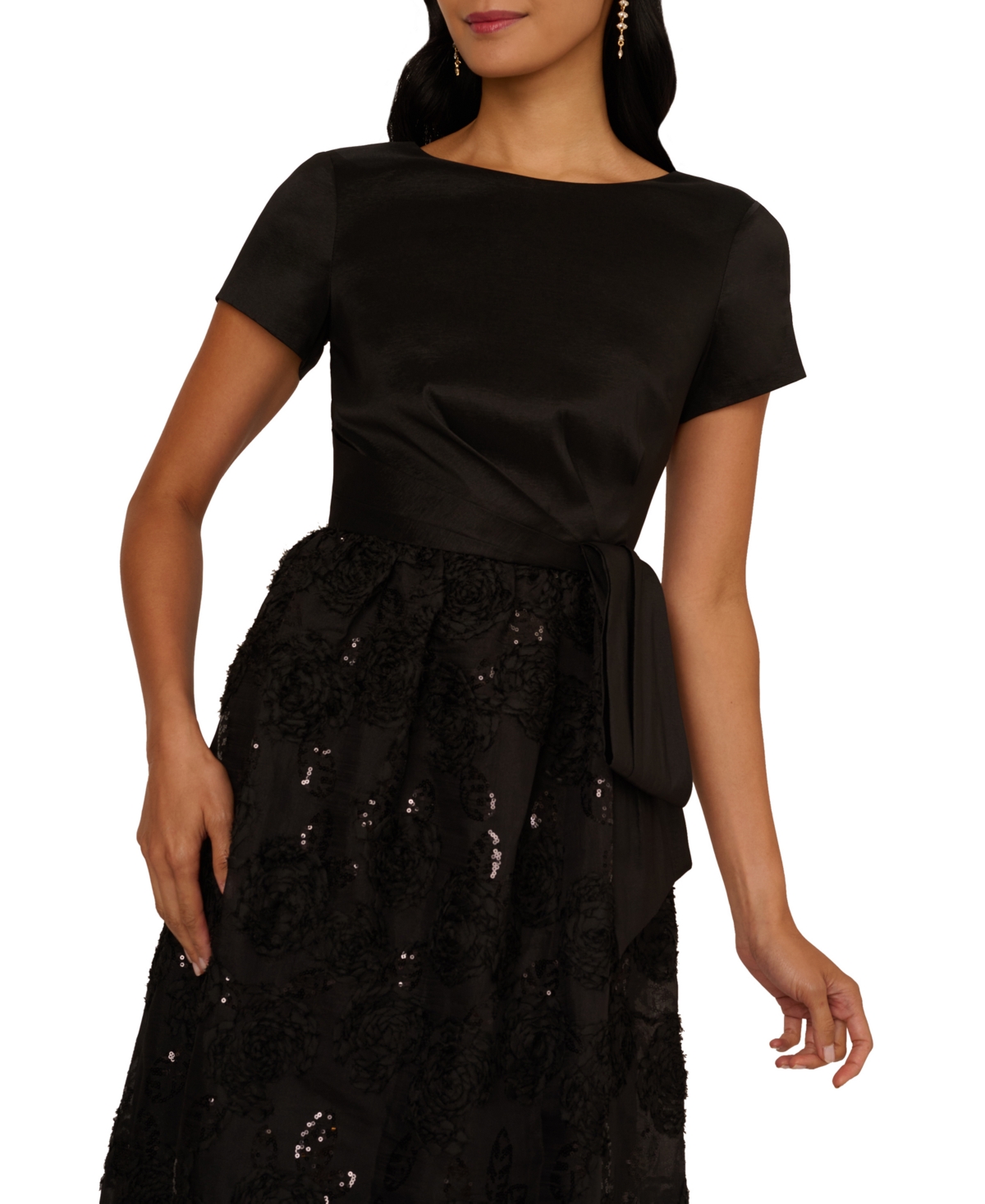 Adrianna Papell Women's Soutache Floral Combo Short-sleeve Gown In Black