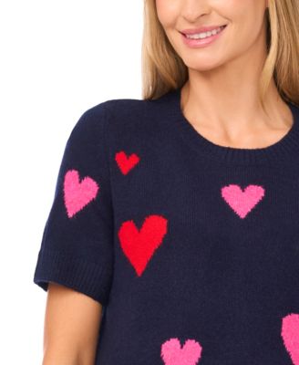 Women's Valentine's Crewneck Heart-Print Short-Sleeve Sweater