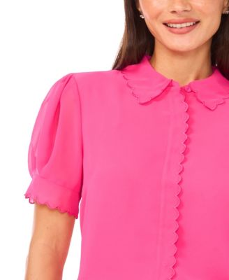 Women's Short-Sleeve Scallop Trim Button-Up Top