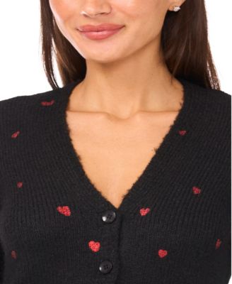 Women's Valentine's V-Neck Foil Heart Cardigan Sweater