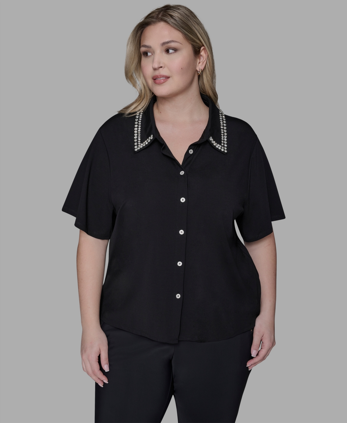 Karl Lagerfeld Paris Women's Sparkle Trim Knit Short-Sleeve Top