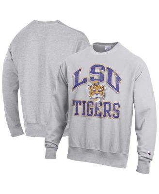 Champion - Men's Gray LSU Tigers Distressed Arch Over Logo Reverse Weave Crew Neck Sweatshirt