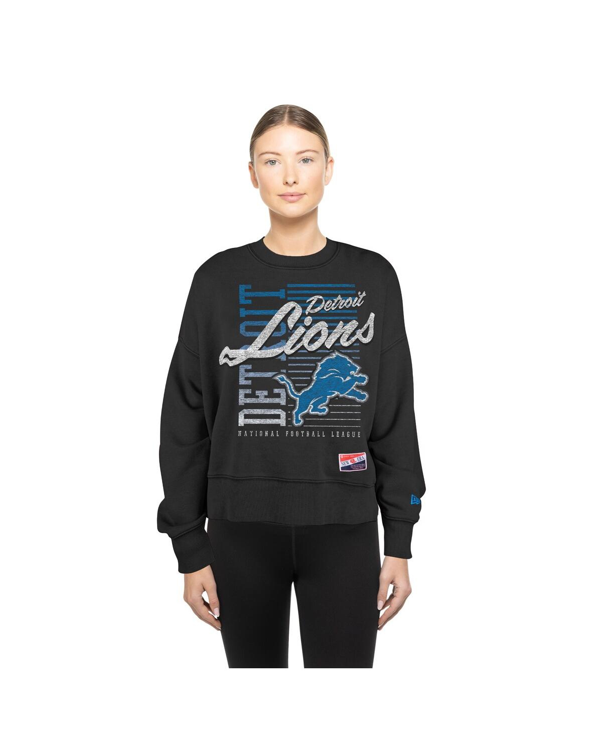 New Era Women's Black Detroit Lions Oversized Throwback Mineral Wash Crew Neck Sweatshirt In Black
