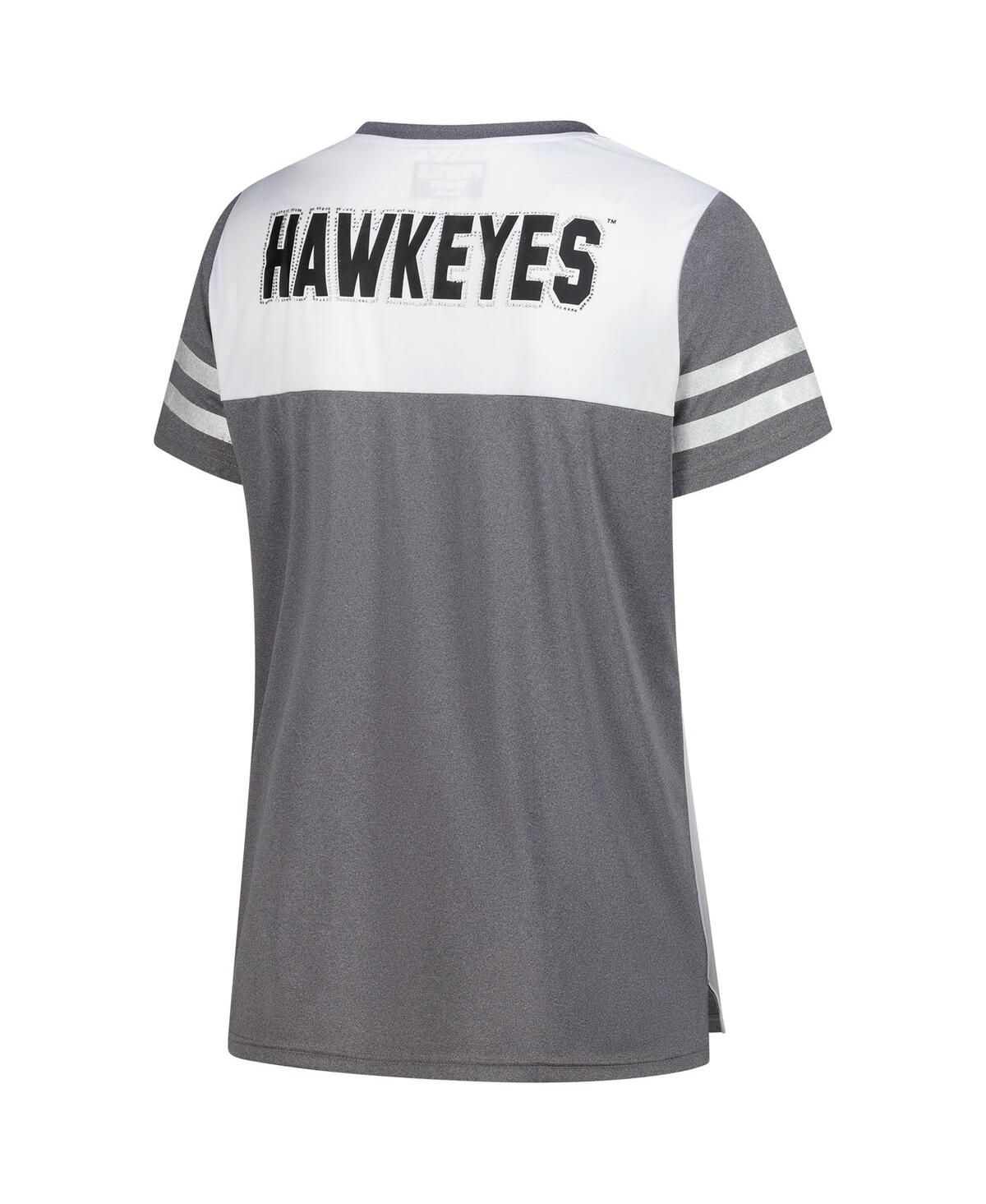 Fanatics Women's White Iowa Hawkeyes Plus Rhinestone Glitter Sleeve Stripe V-Neck T-Shirt