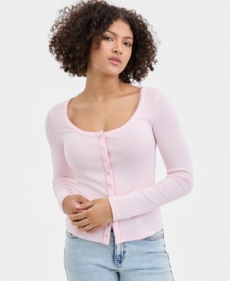 Juniors' Picot-Trim Pointelle Cardigan Knit Long-Sleeve