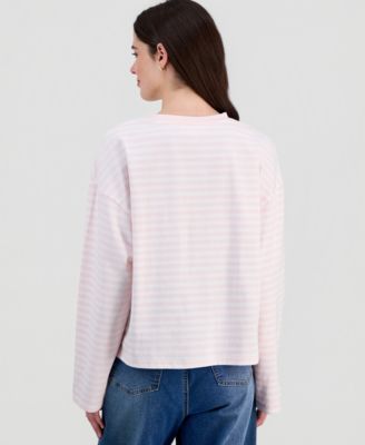 Juniors' Oversized Striped Long-Sleeve Crewneck Tee