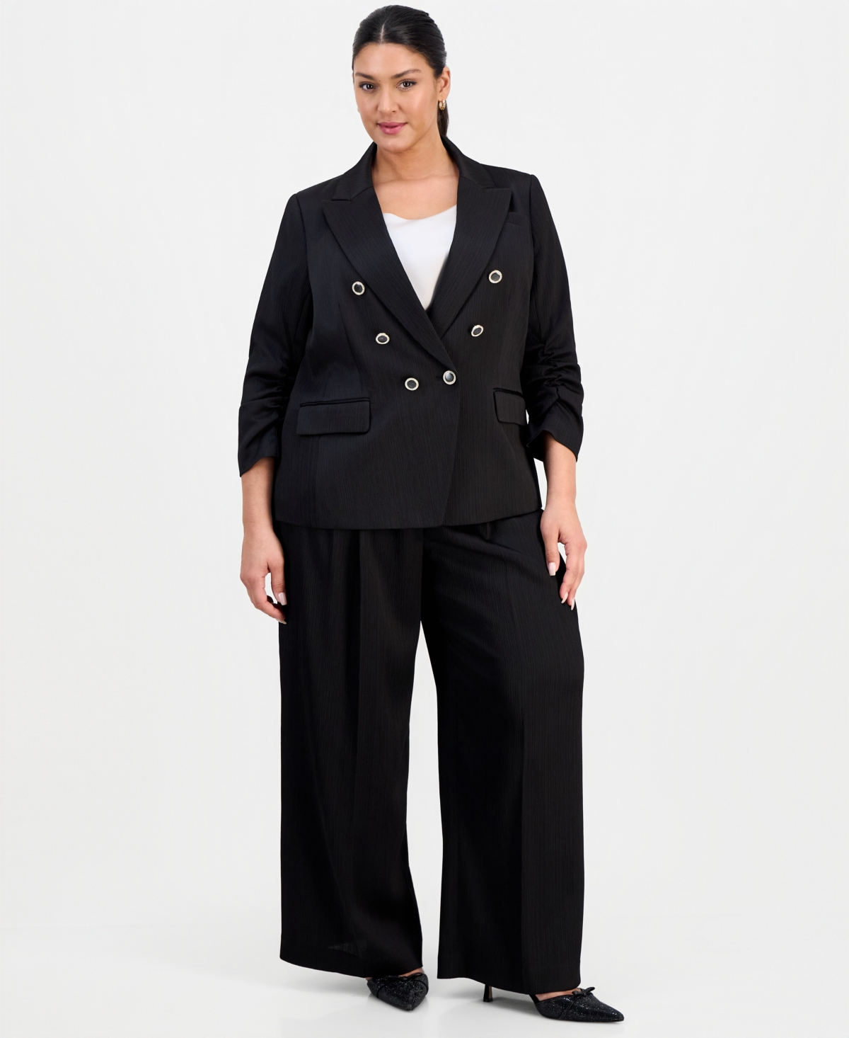 Tahari Asl Plus Size Crinkle-satin Faux-double-breasted Blazer In Black