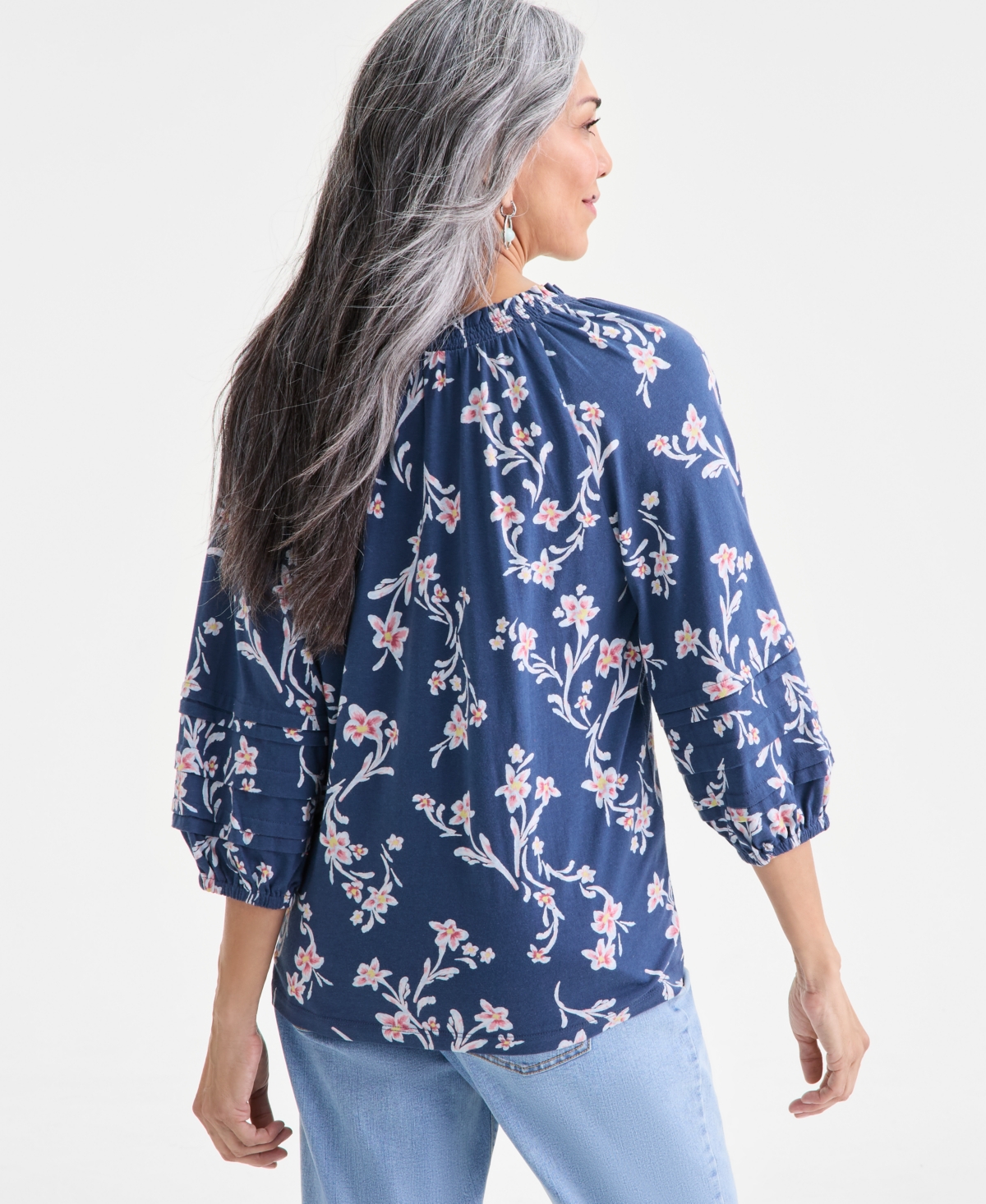 Style & Co Women's Printed Smocked Knit Top, Macy's Exclusive