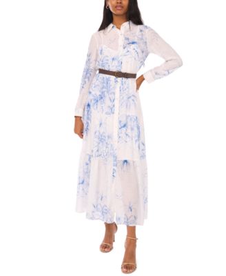 Women's Long-Sleeve Collared Tiered Skirt & Belt Dress